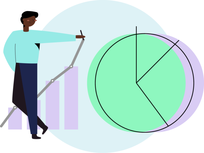En pojke som står bredvid en graf och ett stort cirkeldiagram.